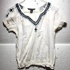 Just Class Top Womens Small Blouse V Neck Short Sleeve Embroidered Lining